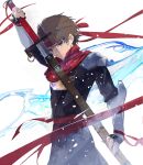  1boy arc_(arc_the_lad) arc_the_lad armor brown_eyes brown_hair closed_mouth cofffee gloves headband holding holding_sword holding_weapon looking_at_viewer male_focus scarf short_hair simple_background solo sword weapon white_background 