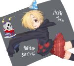  1girl birthday black_hoodie black_thighhighs blonde_hair blood blood_stain brown_eyes cake candle cowboy_shot ear_piercing earrings eyeball falling food gengorou hair_over_one_eye hat hood hoodie idolmaster idolmaster_cinderella_girls jewelry looking_at_viewer open_mouth party_hat piercing plate pleated_skirt red_skirt shirasaka_koume short_hair skirt skull skull_print sleeves_past_fingers sleeves_past_wrists smile solo stud_earrings thighhighs two-tone_background zettai_ryouiki 