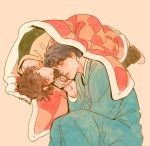  2boys age_difference beyond_evil black_hair blanket brown_hair checkered_blanket closed_eyes closed_mouth full_body green_sweater han_joowon_(beyond_evil) holding_hands lee_dongsik_(beyond_evil) male_focus mature_male multiple_boys shared_blanket shhhsoftnwet short_hair sleeping sleeping_on_person sleeping_upright slippers sweater under_covers wavy_hair yaoi yellow_background 