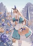  1girl alice_(alice_in_wonderland) alice_in_wonderland basket blonde_hair blue_eyes blue_sky flower hairband highres holding holding_flower holding_scissors kneehighs outdoors puffy_short_sleeves puffy_sleeves rose scissors short_sleeves sky smile socks solo wakuseiy wrist_cuffs 