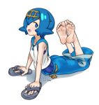  1girl artist_name barefoot blue_eyes blue_hair feet flip-flops foot_focus freckles hair_over_one_eye lana_(pokemon) looking_at_viewer medium_hair pokemon pokemon_(game) pokemon_sm sandals sandals_removed simple_background soles solo toes tsukimaru_(ls_99ml) watermark white_background 