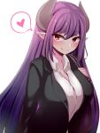  1girl alma_elma blush breasts cleavage collared_shirt commentary_request demon_girl formal heart highres horns large_breasts long_hair looking_at_viewer mon-musu_quest! monster_girl office_lady partial_commentary partially_unbuttoned pointy_ears purple_hair raichi_(ddq0246) red_eyes shirt simple_background smile solo spoken_heart suit upper_body very_long_hair white_background white_shirt 