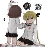  2girls :3 arm_support arm_up black_eyes black_ribbon black_skirt black_socks bleeding_from_forehead blonde_hair blood blood_from_mouth blood_on_clothes blood_on_knife brown_hair bruise bruise_on_face collared_shirt commentary_request empty_eyes facing_away fake_sonya_(kill_me_baby) hair_ribbon highres holding holding_knife injury kill_me_baby kneehighs kneeling knife long_hair long_sleeves medium_hair multiple_girls necktie necktie_grab neckwear_grab oribe_yasuna peril pleated_skirt reverse_grip ribbon scraped_knee shirt shoes simple_background skirt socks speech_bubble tearing_up translation_request trembling twintails uwabaki very_long_hair white_background white_shirt white_socks yasashii_naizou 