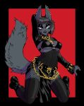  anthro anubian_jackal black_clothing black_hair breasts canid canine canis clothing collar ear_piercing ear_ring female fishnet fishnet_legwear fur green_eyes grey_body grey_fur gutter-bunny hair hi_res jackal legwear mammal nightshade_(kadath) piercing ring_piercing solo spiked_collar spikes thigh_highs 