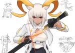  1girl absurdres animal_ears arknights black_gloves breasts carnelian_(arknights) chair dark_skin english_text gloves goat_ears goat_girl goat_horns gold_horns highres holding holding_sword holding_weapon horns long_sleeves looking_at_viewer multiple_views partially_colored red_eyes sheath sitting sketch sword toyyot unsheathing upper_body weapon 