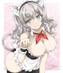  1girl alternate_costume animal_ears apron artist_name black_dress black_thighhighs blush breasts cat_ears cat_tail commentary_request dated detached_collar dress enmaided gakky grey_eyes grey_hair highres kantai_collection kashima_(kancolle) large_breasts long_hair looking_at_viewer maid maid_headdress smile solo tail thighhighs twintails waist_apron waitress wavy_hair 