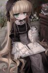  1girl absurdres blonde_hair blunt_bangs book dress frills gosick gothic_lolita green_eyes hairband highres hime_cut holding lolita_fashion long_hair meyou_0319 sitting solo tea very_long_hair victorian victorica_de_blois 