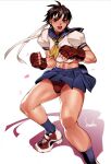  1girl black_eyes black_hair bowalia boxing_gloves eyebrows_hidden_by_hair fingerless_gloves gloves hair_between_eyes kasugano_sakura looking_at_viewer navel open_mouth red_gloves ribbon school_uniform serafuku skirt smile solo stomach street_fighter 