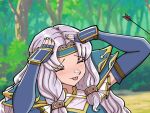  1girl ah_eto..._bleh_(meme) armor arrow_(projectile) blue_armor blue_gloves blue_headband blush closed_eyes closed_mouth elbow_gloves fingerless_gloves fingernails fire_emblem fire_emblem:_the_blazing_blade fire_emblem_heroes florina_(fire_emblem) furrowed_brow gloves hair_intakes headband light_purple_hair long_hair meme mnejing30 official_alternate_costume shoulder_armor smile solo taiho_shichauzo tongue tongue_out tree upper_body wavy_hair 