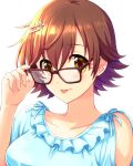  1girl absurdres adjusting_eyewear bespectacled blue_shirt blush breasts brown-framed_eyewear brown_eyes brown_hair collarbone dot_nose frilled_shirt frills glasses hair_ornament hairclip hand_up highres honda_mio idolmaster idolmaster_cinderella_girls idolmaster_cinderella_girls_starlight_stage looking_at_viewer medium_breasts popon_ta portrait shirt short_hair simple_background single_sleeve smile solo tongue tongue_out white_background 