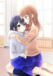  2girls black_eyes black_hair black_socks bow bowtie brown_eyes brown_hair brown_sweater collared_shirt fingernails girl_on_top grey_hoodie hakozaki_shiine hand_on_another&#039;s_back hand_on_another&#039;s_shoulder hand_on_another&#039;s_thigh highres hood hood_down hoodie houkago indoors kamisato_ichika kneehighs long_hair long_sleeves looking_at_another multiple_girls on_floor ooshima_tomo open_collar open_mouth plaid plaid_bow plaid_bowtie school_uniform shirt sitting socks sweater yuri 