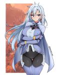  1girl a_(xenoblade) absurdres blue_eyes bodysuit breasts cape closed_mouth covered_navel earrings frown grey_hair hair_between_eyes highres jarckius jewelry large_breasts long_hair looking_at_viewer solo standing tree white_cape xenoblade_chronicles_(series) xenoblade_chronicles_3 