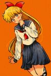  1girl aino_minako bishoujo_senshi_sailor_moon blonde_hair blue_eyes blue_sailor_collar blush bow earrings jewelry long_hair long_sleeves obayashi_kai orange_background red_bow sailor_collar school_uniform simple_background skirt solo very_long_hair 