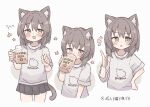  +_+ 1girl alcohol animal_ears beer beer_mug black_skirt blush_stickers brown_eyes brown_hair cat_ears cat_girl cat_tail colon_br cropped_legs cup dot_nose drink drunk grey_shirt hair_between_eyes hand_on_own_hip highres holding holding_drink index_finger_raised looking_at_viewer medium_hair miniskirt mug notice_lines open_mouth original pleated_skirt print_shirt shirt simple_background skirt tail variations white_background 