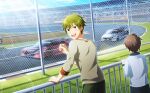  2boys akiyama_hayato brown_hair green_hair hair_between_eyes highres idolmaster idolmaster_side-m idolmaster_side-m_live_on_stage! looking_back male_child male_focus multiple_boys official_art open_mouth race_vehicle racetrack smile teeth upper_teeth_only 