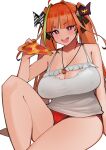  1girl ahoge bow breasts cleavage diagonal-striped_bow dismassd dragon_girl dragon_horns food highres holding holding_food holding_pizza hololive horn_bow horn_ornament horns jewelry kiryu_coco large_breasts long_hair looking_at_viewer multicolored_hair necklace open_mouth orange_hair pizza purple_eyes red_shorts shorts sitting streaked_hair tank_top thighs twintails virtual_youtuber white_background white_tank_top 