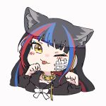  1girl animal_ear_fluff animal_ears black_hair black_sailor_collar black_shirt blue_hair blush_stickers bow cat_ears closed_mouth cropped_torso grey_background hands_up harusaruhi kamitsubaki_studio long_sleeves looking_at_viewer multicolored_hair one_eye_closed puffy_long_sleeves puffy_sleeves red_hair rice_(okome_no_naru_ki) sailor_collar shirt simple_background solo streaked_hair tongue tongue_out upper_body white_bow yellow_collar yellow_eyes 