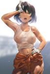  1girl ;d arm_up bare_shoulders black_hair blurry blurry_background blush breasts brown_hair clothes_around_waist collarbone contrapposto covered_nipples cowboy_shot dark-skinned_female dark_skin dirty dirty_clothes girls_und_panzer gloves green_eyes hand_on_own_hip highres hoshino_(girls_und_panzer) jumpsuit large_breasts looking_at_viewer navel no_bra one_eye_closed open_mouth orange_jumpsuit pants revision see-through shirt short_hair smile solo standing stomach sweat tank_top tied_shirt wa_(genryusui) wet wet_clothes white_gloves white_shirt 