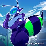  1:1 2023 antennae_(anatomy) anthro arthropod arthropod_abdomen bee bodysuit breasts clothing drone female gloves green_body green_sclera handwear hi_res hymenopteran insect looking_at_viewer medium_breasts multicolored_body outside purple_body purple_bodysuit purple_clothing purple_gloves purple_handwear rem_phase skinsuit sky solo standing thick_thighs tight_clothing two_tone_body visor 