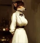 anon2000000 anthro belt big_breasts bow_tie breasts canid canine canis clothed clothing dress fangs female fox fur hair hi_res long_dress mammal modest red_fox smile solo teeth 