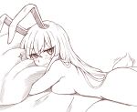  1girl animal_ears ass bed blush breast_press cachemerro completely_nude looking_at_viewer lying monochrome nude object_hug on_stomach pillow pillow_hug rabbit_ears rabbit_girl rabbit_tail reisen_udongein_inaba smile solo sparkle tail tail_wagging touhou white_background 