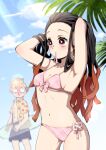  1boy 1girl absurdres agatsuma_zenitsu bikini black_hair blonde_hair blood breasts forehead gotouge_koyoharu_(style) highres innertube kamado_nezuko kimetsu_no_yaiba long_hair male_swimwear medium_breasts mouth_hold multicolored_hair nosebleed open_clothes open_shirt orange_hair pink_bikini pink_eyes pink_ribbon pori_(kmt_pori) ribbon shirt swimsuit very_long_hair yellow_shirt 