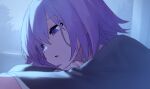  1girl :o bad_link black_shirt blurry blurry_foreground chorefuji commentary_request eyelashes from_side indoors open_mouth original purple_eyes purple_hair shirt short_hair solo upper_body window 