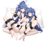  2girls arknights astesia_(arknights) astgenne_(arknights) bar_censor bare_shoulders barefoot bdsm bikini bikini_bottom_aside bikini_bottom_only black_bikini black_gloves blue_eyes blue_hair blush bondage bound bound_arms bound_legs breasts censored closed_mouth clothing_aside collar collarbone flaccid futa_with_female futanari gloves hair_intakes highres incest large_breasts long_hair looking_at_penis looking_down lube lying medium_breasts multiple_girls navel nipples on_back parted_lips penis pillow ponytail qianshibu restrained siblings simple_background sisters sitting smile spread_legs swimsuit testicles topless very_long_hair white_background 