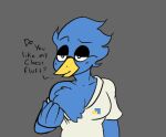  anthro avian berdly bird blue_body blue_feathers chest_tuft clothing deltarune dialogue eyebrows eyewear feathers fluffy_chest glasses half-closed_eyes male narrowed_eyes nerd question question_mark raised_eyebrow roccorox smug solo solo_focus teasing teasing_viewer tuft undertale_(series) wardrobe_malfunction 