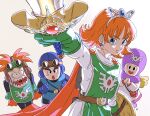  2boys 2girls angry blonde_hair blue_eyes cape cousins dragon_quest dragon_quest_ii gloves goggles goggles_on_head green_gloves highres holding holding_sword holding_weapon multiple_boys multiple_girls orange_hair prince_of_lorasia prince_of_samantoria princess_of_moonbrook princess_of_samantoria serious siblings smile sword tiara weapon yuto_sakurai 