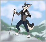  absurd_res anthro backpack border bottomwear canid canine canis clothing colored day denim denim_clothing grey_border happy hi_res hiking jacket jeans landscape male mammal mountain pants rrezelicht sky snow solo topwear wolf 