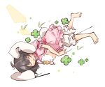  1girl :3 barefoot black_hair bob_cut carrot_necklace closed_eyes clover dress duplicate four-leaf_clover full_body inaba_tewi jewelry medium_bangs necklace on_floor pillow pink_dress primsla rabbit_tail short_hair simple_background sleeping solo tail touhou white_background 