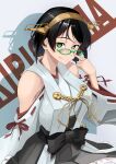  1girl absurdres bare_shoulders black_hair commentary detached_sleeves echo-kilo glasses green-framed_eyewear headgear highres kantai_collection kirishima_(kancolle) kirishima_kai_ni_(kancolle) looking_at_viewer nontraditional_miko ribbon-trimmed_sleeves ribbon_trim short_hair smile solo upper_body wide_sleeves 