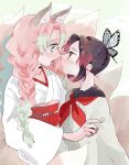  2girls animal_ears black_hair blush butterfly_hair_ornament gqn_mr gradient_hair green_hair hair_ornament highres kanroji_mitsuri kimetsu_no_yaiba kochou_shinobu long_hair mole mole_under_eye multicolored_hair multiple_girls multiple_tails pink_hair short_hair tail teeth tongue tongue_out two-tone_hair upper_teeth_only yuri 