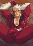  1boy bara blush bodysuit boku_no_hero_academia bulge cross_scar dreamplpe erection erection_under_clothes highres large_pectorals male_focus mature_male muscular muscular_male pectoral_cleavage pectorals red_bodysuit scar scar_on_cheek scar_on_face short_hair solo spread_legs tusks vambraces vlad_king_(boku_no_hero_academia) white_hair 