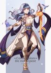  1girl bird blue_hair blutgang_(fire_emblem) breasts choker cleavage commentary dancer_(three_houses) dress fire_emblem fire_emblem:_three_houses fire_emblem_warriors:_three_hopes full_body gladiator_sandals gzei hairband highres holding holding_sword holding_weapon long_hair marianne_von_edmund medium_breasts official_alternate_hairstyle pelvic_curtain sandals single-shoulder_dress solo standing sword thighs weapon white_dress 