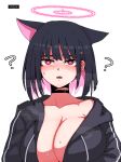  1girl ? alternate_breast_size animal_ears black_choker black_hair black_jacket blue_archive blush breasts choker cleavage collarbone fang formicid hair_between_eyes hair_ornament hairclip halo heart heart-shaped_pupils huge_breasts jacket kazusa_(blue_archive) looking_at_viewer open_clothes open_jacket parted_lips pink_hair red_eyes short_hair simple_background solo sweat symbol-shaped_pupils upper_body white_background 