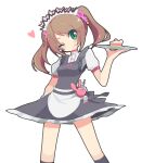  apron black_dress bow brown_hair cake cake_slice dress food green_eyes hand_on_own_hip heart holding holding_food idolmaster idolmaster_side-m kneehighs looking_at_viewer maid maid_apron maid_headdress mizushima_saki naname_(fossama1) one_eye_closed pink_bow shirt short_sleeves simple_background smile socks tray twintails white_background white_shirt 