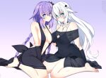  2girls bare_legs barefoot black_dress black_heart braid breasts dress earrings elbow_gloves gloves green_eyes hair_between_eyes jewelry large_breasts lindaroze long_hair medium_breasts multiple_girls neptune_(series) purple_heart sidelocks white_hair 