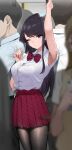  1girl absurdres armpits black_eyes black_hair black_pantyhose blurry blush bow bowtie collared_shirt crowd depth_of_field diagonal-striped_bowtie diagonal-striped_skirt hand_grip highres komi-san_wa_komyushou_desu komi_shouko long_hair miniskirt one_eye_closed pantyhose red_bow red_bowtie red_skirt shirt short_sleeves sidelocks skirt solo_focus standing sweat swept_bangs takita_(takita3411) train_interior white_shirt 