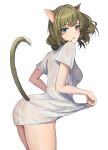  1girl animal_ears blush breasts cat_ears cat_tail green_hair heterochromia highres idolmaster idolmaster_cinderella_girls looking_at_viewer looking_back medium_breasts mole mole_under_eye no_pants nyome991 oversized_clothes oversized_shirt see-through see-through_shirt shirt shirt_hold simple_background solo tail takagaki_kaede white_background white_shirt 