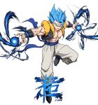 1boy abs absurdres artist_name baggy_pants bakarott biceps black_footwear black_vest blue_eyes blue_hair blue_sash boots closed_mouth collarbone commentary dragon_ball dragon_ball_super dragon_ball_super_broly energy english_commentary fingernails full_body gogeta highres leg_up looking_at_viewer male_focus metamoran_vest muscular muscular_male open_clothes open_vest outstretched_arms pants pectorals sash simple_background smile smirk solo spiked_hair spread_arms super_saiyan super_saiyan_blue v-shaped_eyebrows vest white_background white_pants 