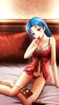  1girl bare_arms bare_legs barefoot bed_sheet blue_eyes blue_hair blush breasts chocolate cleavage collarbone doukyuusei_2 doukyuusei_another_world game_cg head_tilt holding large_breasts lingerie long_hair looking_at_viewer navel negligee nonomura_misato open_mouth panties red_panties ribbon side-tie_panties sitting solo underwear underwear_only white_ribbon 