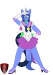  anthro artist_logo bottomwear clothed clothing cock_hanging crossdressing equid equine fan_character footwear friendship_is_magic gesture hasbro high_heels horn ladyfoxheart logo male mammal my_little_pony mystic_moonlight_(oc) sailor_moon_(series) skirt smile solo unicorn v_sign 
