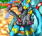  anal anal_penetration anthro balls bdsm beach blush bondage bound dominant duo fan_character female freyart genitals hi_res knot leg_grab legs_up male male/female male/male nintendo paws penetration penis pokemon pokemon_(species) seaside smile 