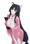  animal_ear_fluff animal_ears arknights black_hair breasts brown_eyes closed_mouth dog_ears facial_mark feet_out_of_frame forehead_mark highres japanese_clothes kimono large_breasts long_hair long_sleeves looking_at_viewer low_ponytail official_alternate_costume parted_bangs saga_(arknights) saga_(there_they_be)_(arknights) sawaki_ken smile standing very_long_hair white_kimono wide_sleeves 