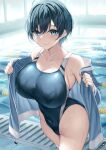  1girl bare_shoulders blue_eyes blue_hair blue_jacket breasts closed_mouth collarbone commentary_request competition_swimsuit covered_navel jacket large_breasts long_sleeves looking_at_viewer off_shoulder one-piece_swimsuit open_clothes open_jacket original pool short_hair smile solo swimsuit thighs tomboy water xe_(execut3r) 
