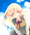  1girl ^_^ azumi_(myameco) blonde_hair blue_sky bow breasts closed_eyes closed_mouth cloud commentary_request day ereshkigal_(fate) fate/grand_order fate_(series) hair_bow homurahara_academy_school_uniform long_hair long_sleeves medium_breasts outdoors red_bow red_ribbon ribbon school_uniform sky smile solo two_side_up 