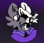  bandage bandaged_eye clothing dextertheyeena fur grey_body grey_fur hyena low_res lower_view male mammal nonsensical_shading purple_clothing purple_eyes shaded simple_background simple_coloring simple_shading solo unknown_artist white_body white_fur 