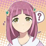  1girl ? blunt_bangs brown_eyes closed_mouth collarbone commentary_request eyelashes hair_ornament lacey_(pokemon) long_hair orange_background outline pokemon pokemon_(game) pokemon_sv portrait purple_hair shiomipon solo sparkle spoken_question_mark 